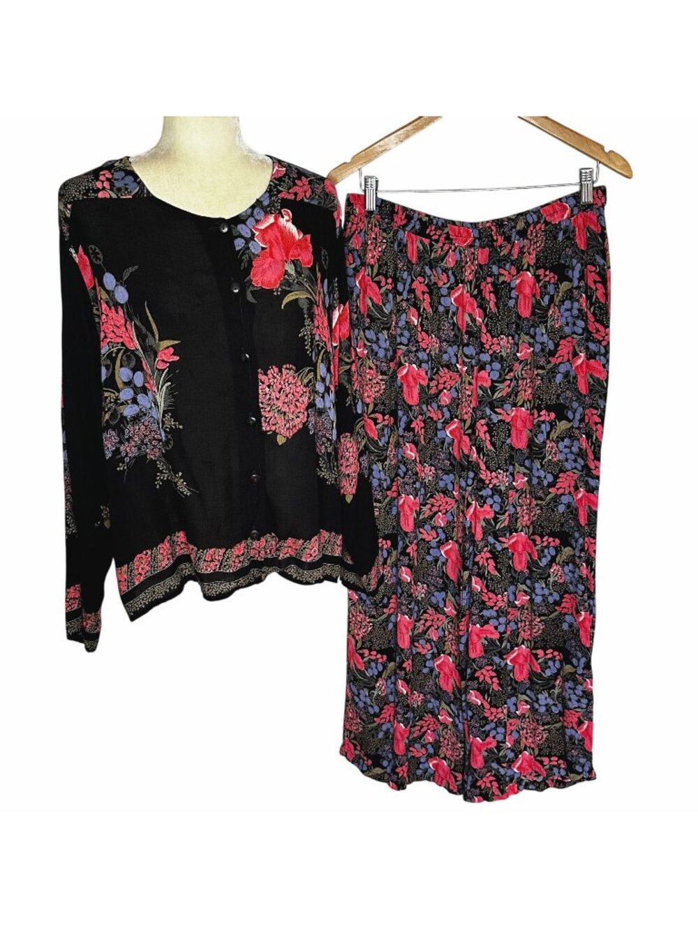 Vintage Kaktus Plus Floral Rayon Two Piece Set Wide Leg Pants Top 1X Resort